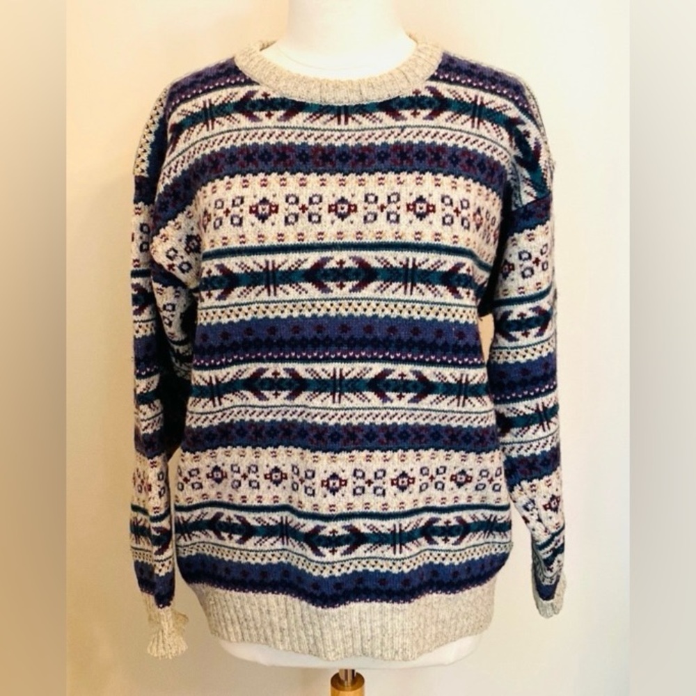 Woolrich Vintage Mens Fair Isle Blue Cream Norwegian Laine Wool Blend Sweater XL